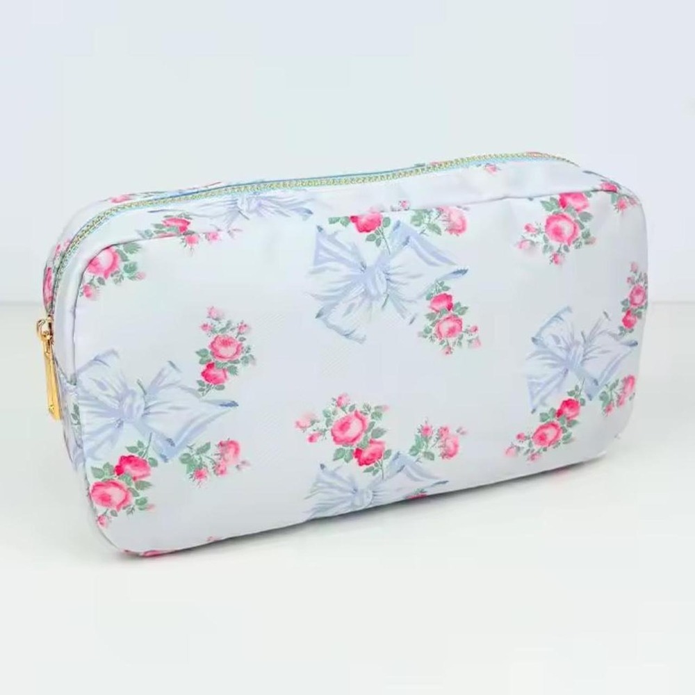 Blue Floral Bow print makeup bag / zip up pouch / travel tote / or pencil casE